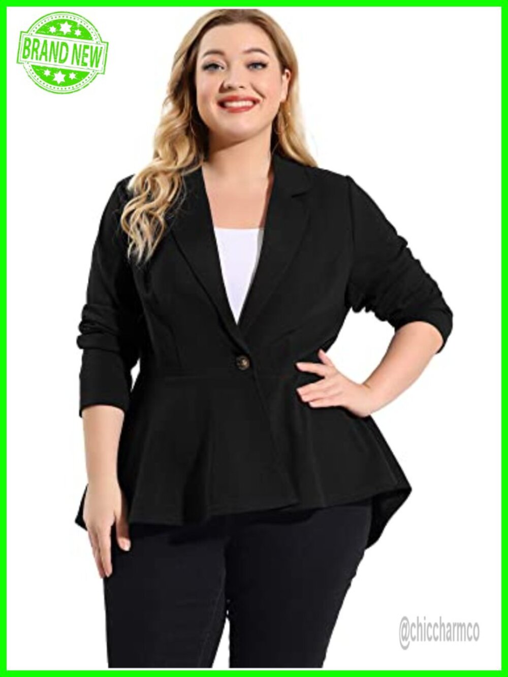 Plus Size Peplum Blazer Notch Lapel Long Sleeve Work Suit Jacket